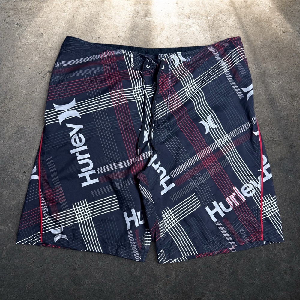 Hurley Board Shorts Black Red White Plaid Skater Y2K Swim Trunks Size 36